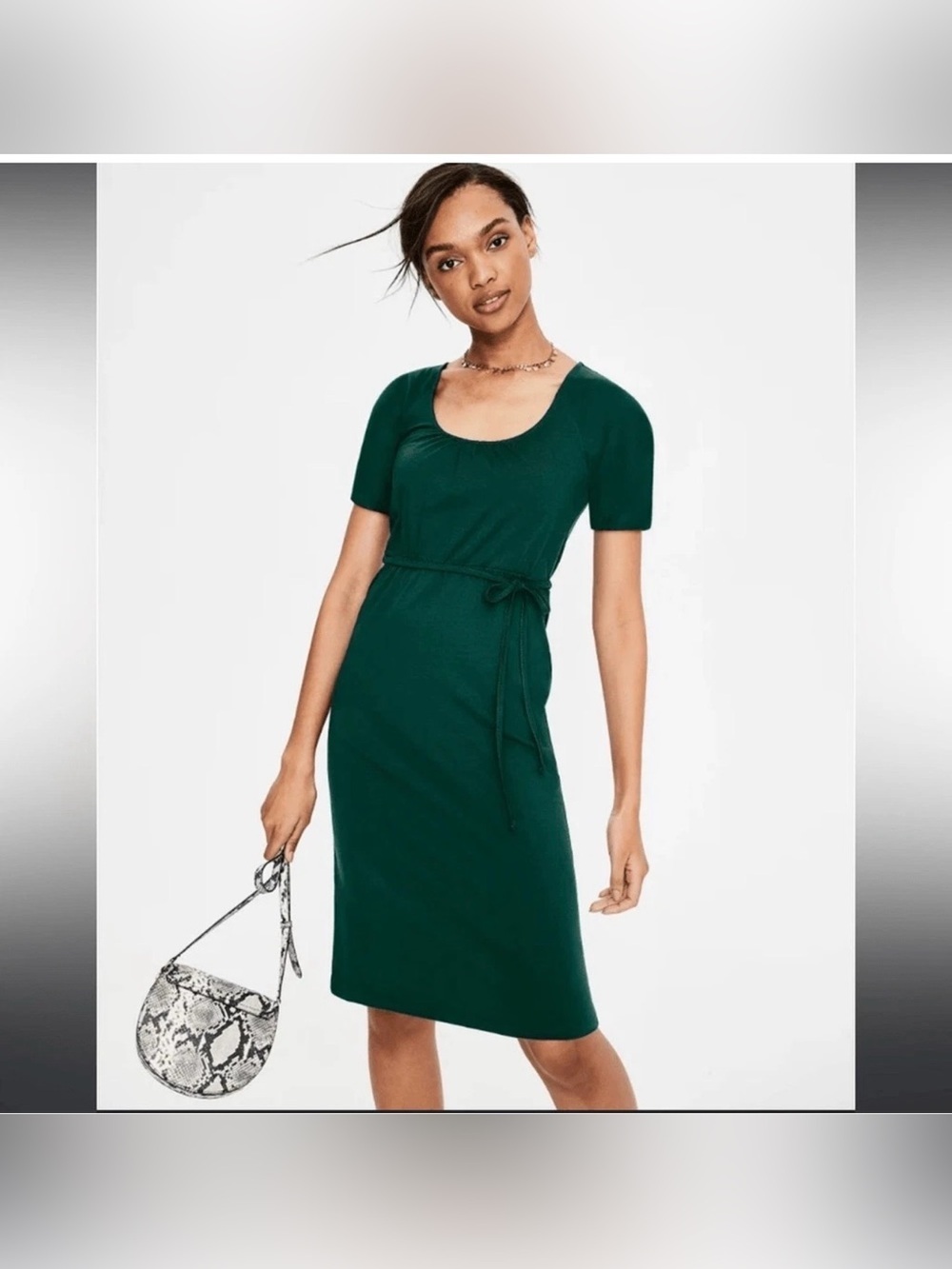 Boden Deep Green Scoop Neck Tie-Waist Midi Dress Size 8